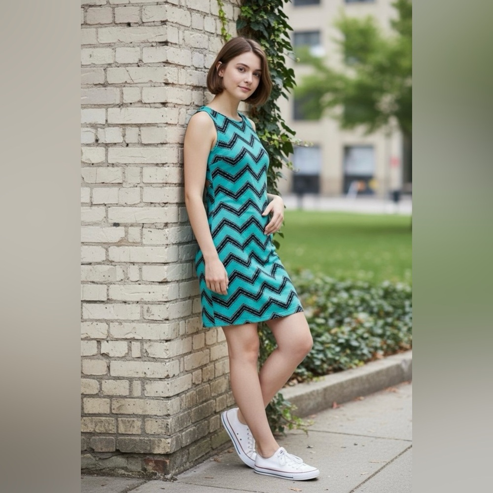 Ezra dress Medium green black Chevron design back zipper fully lined keyhole